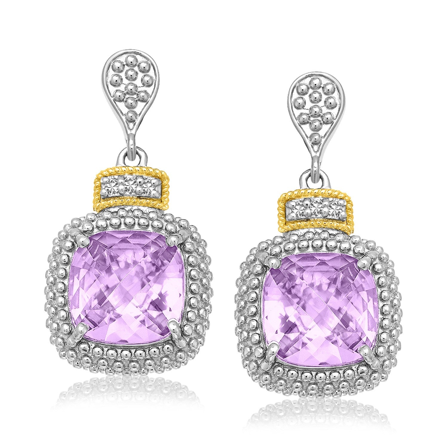 Fancy Cushion Amethyst and Diamond Drop Earrings in 18k Yellow Gold and Sterling Silver