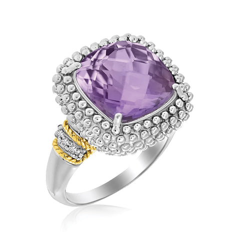 Cushion Amethyst and Diamond Accented Popcorn Ring in 18k Yellow Gold and Sterling Silver