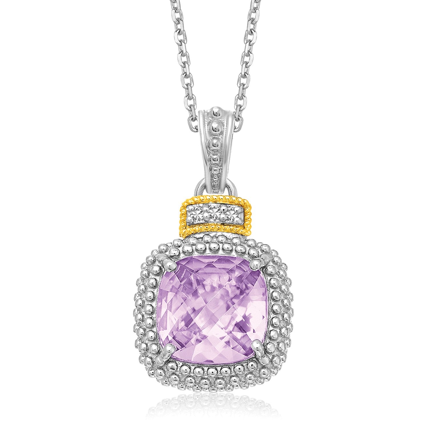 Amethyst and Diamond Popcorn Motif Cushion Pendant in 18k Yellow Gold and Sterling Silver